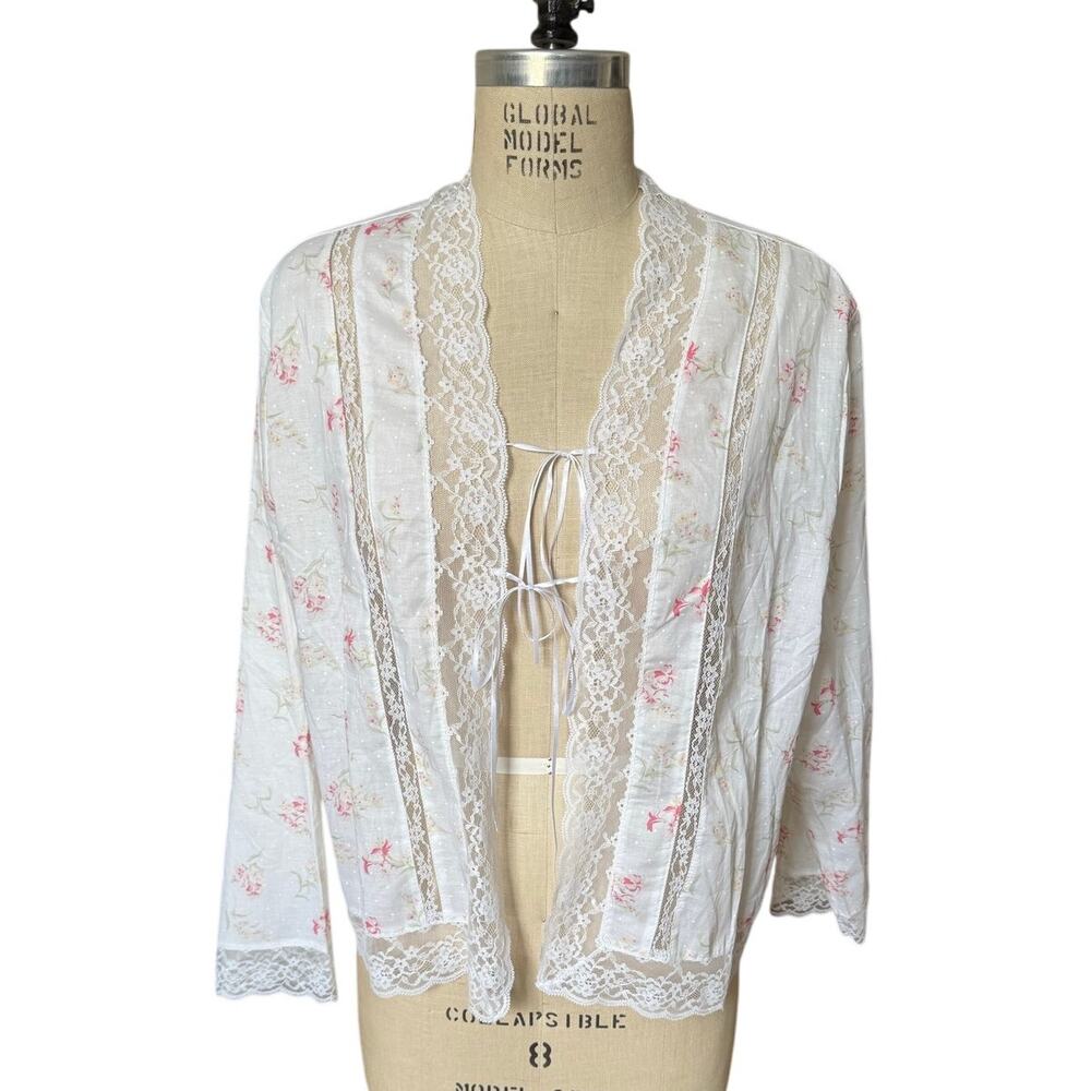Eileen West White & Pink Floral Cotton Lace Trim Jacket Size XL X-Large